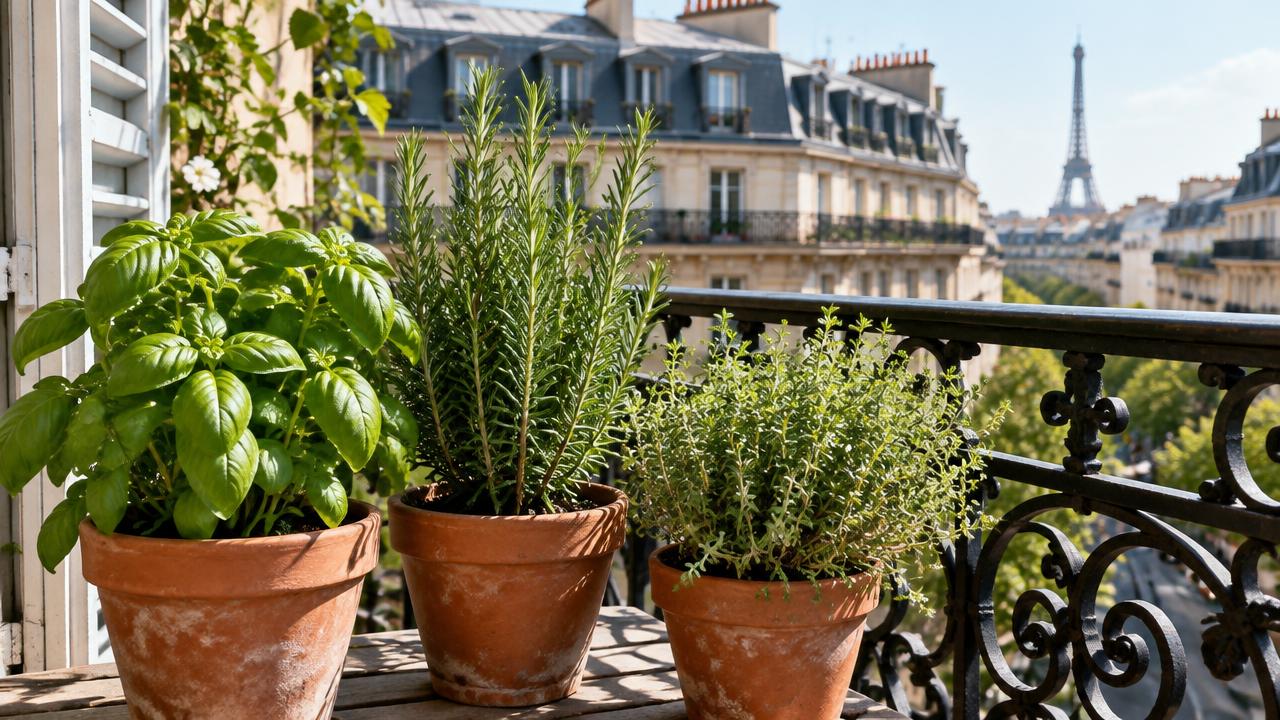 Pots de basilic, romarin et thym sur un balcon parisien